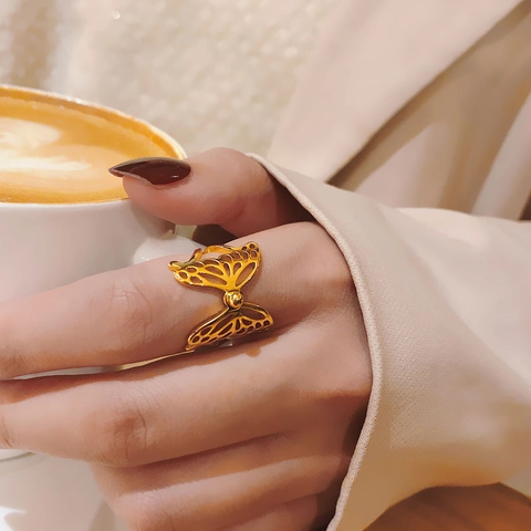 Mode Dames Verstelbare Open Ring Titaniumstaal 18K Verguld Minimalistisch Vlinder Hart Pijl Croissant Sieraden