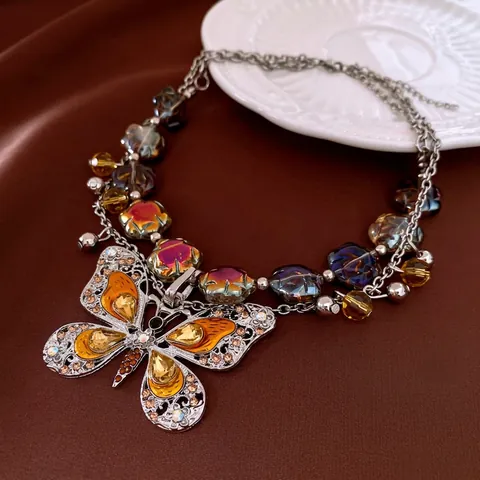 Collana Con Pendente A Farfalla Fiore Vintage Lega Strass Perline Di Vetro Catena Di Clavicola Gioielli Retro Per Donne