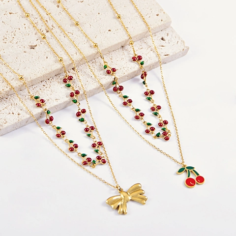 Double Layered Cherry Pendant Necklace Stainless Steel Gold Plated Sweet Fruit Bowknot Jewelry For Women