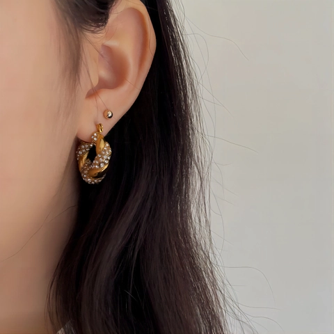 Orecchini A Cerchio Intrecciati In Acciaio Inossidabile Placcato Oro 18K Pavé Strass Spirale Gioielli Di Lusso Vintage Per Donna