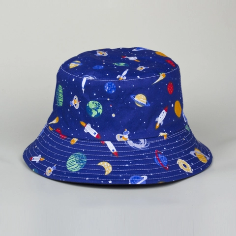 Cappello Alla Pescatora Reversibile Cotone Donne Bambini Stampa Spazio Razzo Protezione Solare Pieghevole Blu