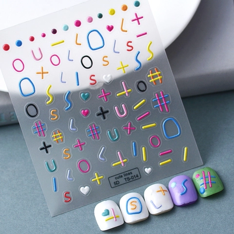 Autocollants À Ongles Embossés 5D Lignes Géométriques Colorées Lettres Polyuréthane 3D Relief Gribouillis DIY Manucure Femmes