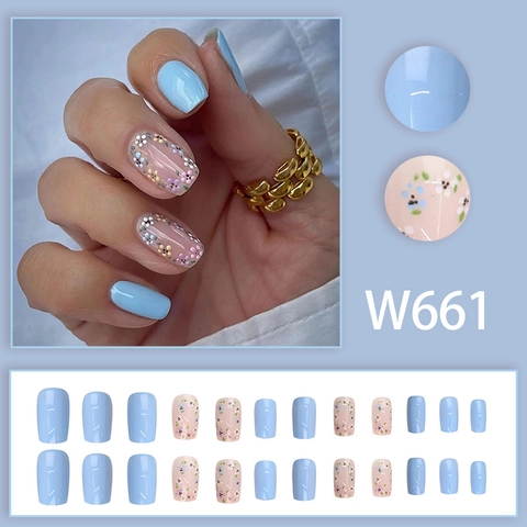 Press On Nails ABS Plastic Short Square Round Detachable Sky Blue Nude Pink Tiny Flower Print Shiny Fresh Sweet Style