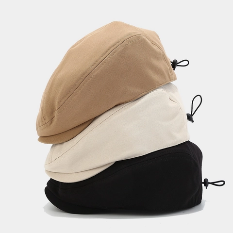 Retro Cotton Flat Cap Solid Color Adjustable Drawstring Forward Hat Japanese Style Beret For Women Men