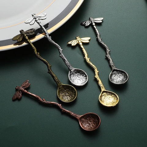 Vintage Zinc Alloy Dessert Spoon Tree Branch Handle Dragonfly Decor Hammered Texture Retro Coffee Stirring Spoons