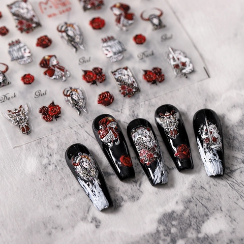 Damen Gotik Dunkles Mädchen Nagelkunst Aufkleber 3D Prägung Matt Rote Rose Anime Design Selbstklebend Für Halloween Party Alltag Dekoration