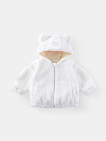 Toddler Faux Fur Hooded Jacket With Cute Bear Ears Plush Winter Coat For Kids Zipper Warm Outerwear Pockets