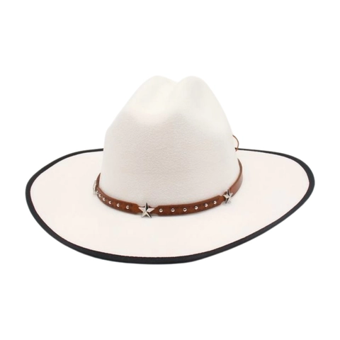 Cappello Da Cowboy Western Vintage Tesa Larga Feltro Con Cinturino In Pelle Borchie Stella Stile Retrò