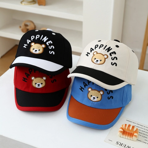 Gorra De Béisbol Para Niños Pequeños Mezcla De Algodón Bordado De Oso Letra Happiness Protección Solar Bloque De Color Ajustable