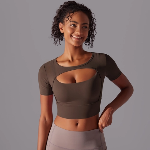 Damen Kurzarm Yoga Top Cut Out Mesh Spleißen Crop Sportshirt Nylon Elasthan Enge Fitness Gym Activewear