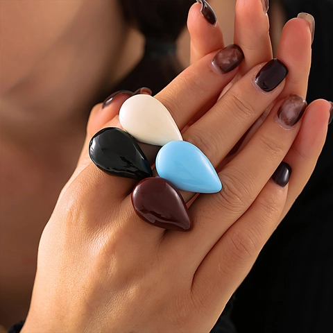 Titanium Steel 18K Gold Plated PVD Oil Drip Enamel Ring Chunky Teardrop Water Drop Geometric Adjustable Open Statement Ring Fashion