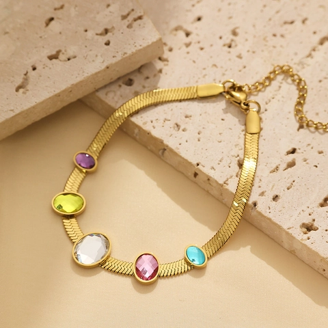 Edelstahl Armband 18K Vergoldet Bunte Zirkonia Schlangenkette Verstellbar Für Damen Eleganter Modeschmuck