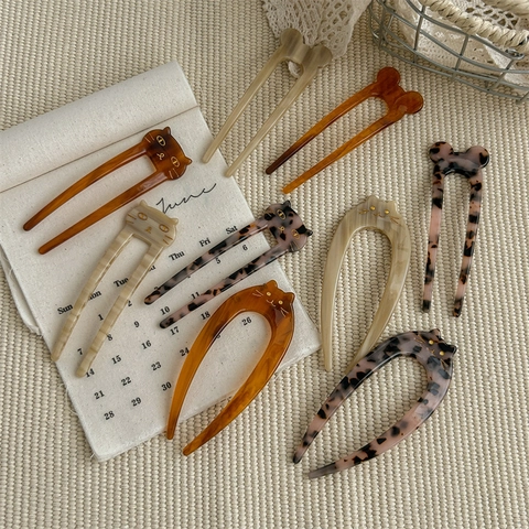 Französischer Vintage Acetat U-förmiger Haarstab Süße Katze Bär Tier Haargabel Elegante Schildpatt Haarnadel Damen Alltag