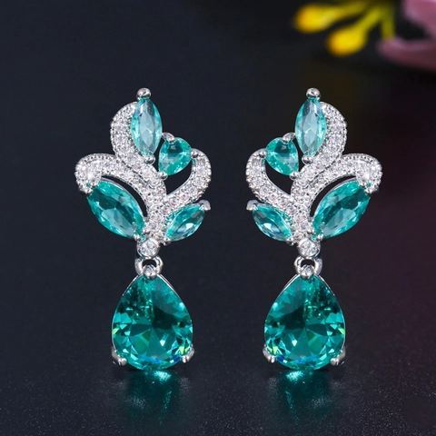 Eleganti Orecchini Pendenti in Rame a Foglia di Fiore Con Zirconia Verde Smeraldo Blu Acqua a Goccia d'Acqua per Donna Gioielli
