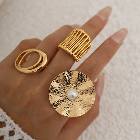 Vintage Alloy Artificial Pearl Rings For Women Hollow Bowknot Flower Sun Spiral Open Adjustable Geometric Fashion Jewelry