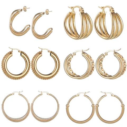 Gold Plated Stainless Steel Hoop Earrings Geometric Textured Hollow Layered Elegant Fashion Jewelry For Women