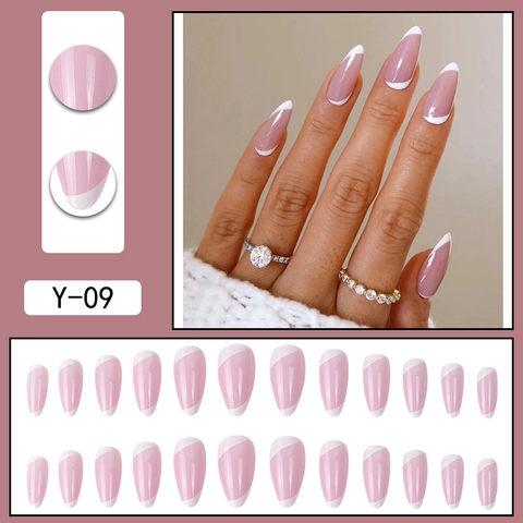 Unghie Finte Francesi Forma Mandorla Rosa Nude Viola Punte Bianche Unghie Artificiali Per Donne