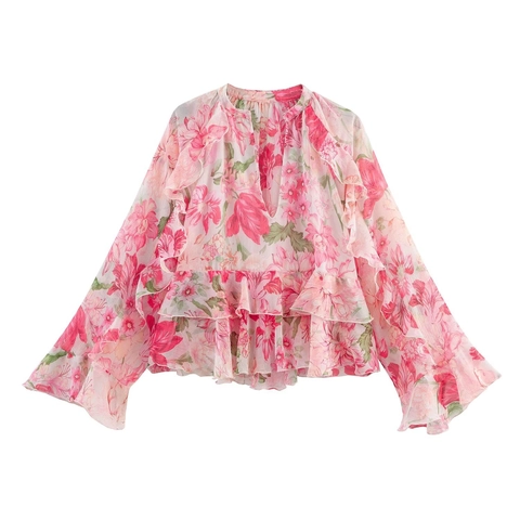 Floral Chiffon Blouse Ruffle V-Neck Flare Long Sleeve Layered Elegant Pink Flower Print Shirt