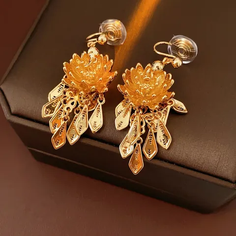 Boucles Oreilles Pampilles Feuille Lotus Cuivre Plaqué Or Avec Tige Argent 925 Style Chinois Vintage Bijoux