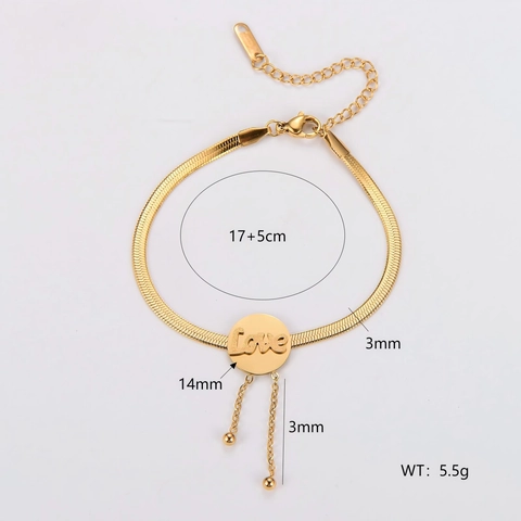 Pulsera De Cadena De Serpiente De Acero Inoxidable Con Colgante Redondo Letra Love Borla Dangle Accesorio De Moda Mujer