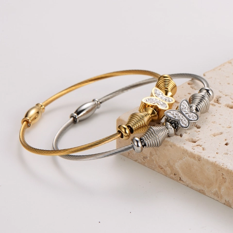 Brazalete De Mariposa Acero Inoxidable 304 Bobina De Alambre Con Pedrería Joyería De Moda Mujer
