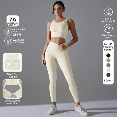 Antibakterieller Yoga BH Und Leggings Hohe Taille Damen Fitness Workout Nylon Elasthan Einfarbig Atmungsaktiv