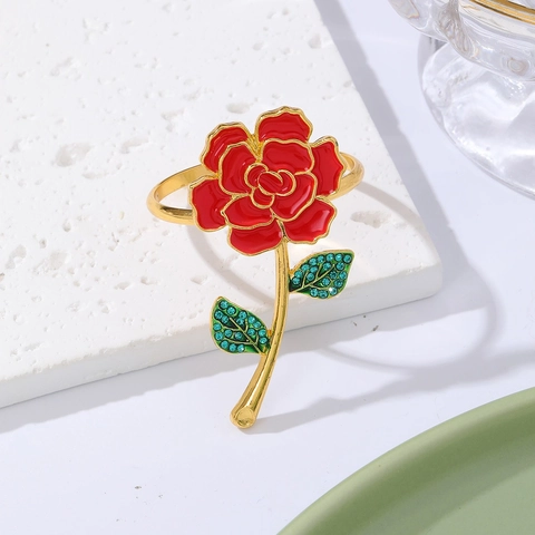 Elegant Alloy Rose Napkin Ring Enamel Flower Napkin Buckle With Rhinestone For Valentine Day Wedding Banquet Table Decoration