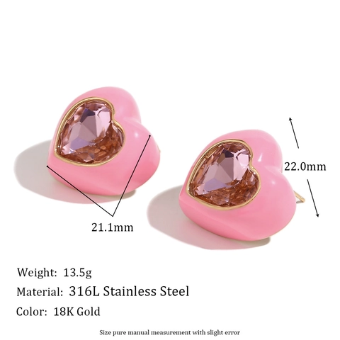 Stainless Steel Enamel Heart Stud Earrings 18K Gold Plated Rhinestone Inlaid Colorful Heart Ear Studs For Women Jewelry