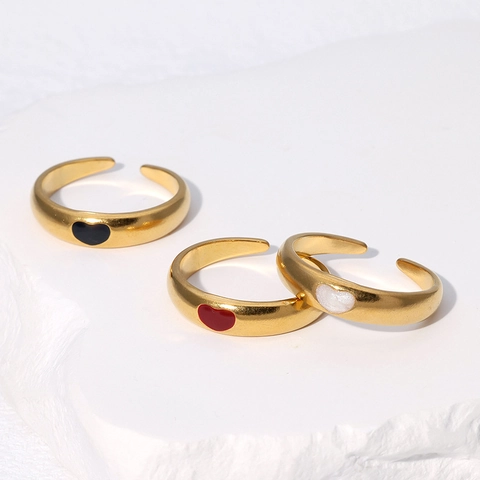 Heart Shaped Open Ring Stainless Steel 18K Gold Plated Enamel Drip Oil Minimalist Adjustable Jewelry For Women