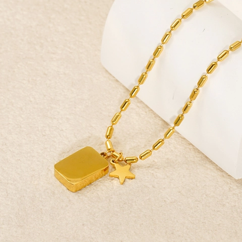 Checkerboard Square Pendant Necklace 18K Gold Plated Stainless Steel Star Charm Bamboo Bead Chain Chic Geometric Jewelry