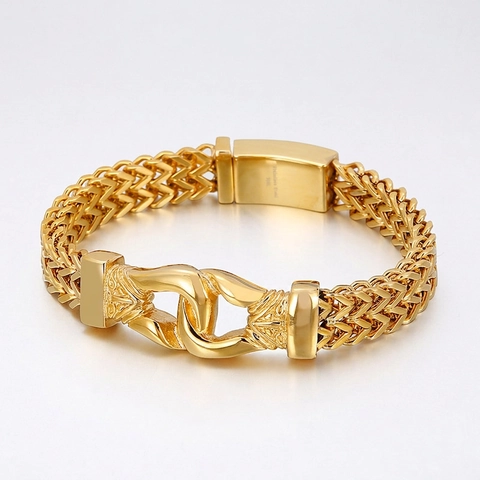 Bracelet Homme Plaqué Or Acier Inoxydable 316L Double Rangée Chaîne De Blé Keel Boucle Hip Hop Street Rock Style