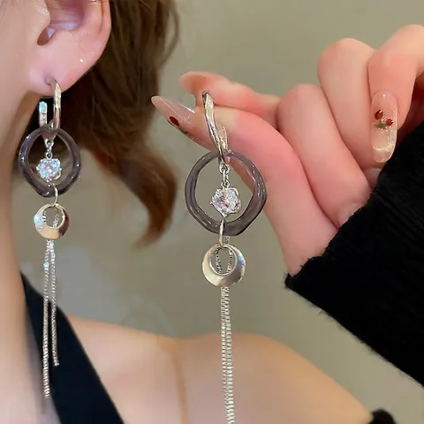 Orecchini Geometrici A Cerchio In C Con Nappe Lunghe In Acrilico Zircone E Perni In Argento Sterling 925 Gioielli Per Donne