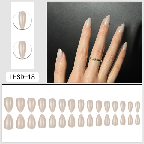 Press On Nails Almond Shape Glossy Solid Color Light Grey Removable Manicure Accessories For Women