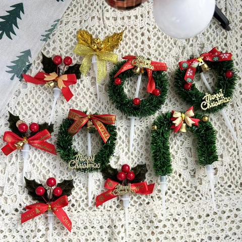 Weihnachts Tortendeko Picks Mini Kranz Stechpalmenblatt Rote Beere Schleife Glocke Kunststoff Stoff Festliche Party Neuheit