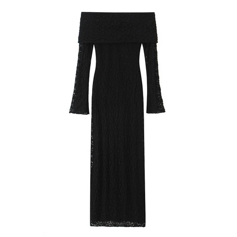 Vestido Maxi Elegante De Encaje Con Hombros Descubiertos Manga Larga Ajustado Color Sólido Para Mujer