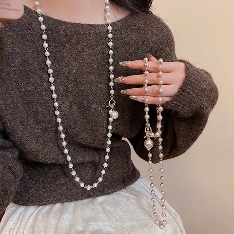 Collar Largo De Perlas Artificiales Con Colgante De Perla Barroca Artificial Cierre De Palanca De Aleación Cadena De Suéter Vintage Elegante Para Mujer