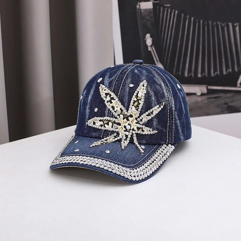 Gorra De Béisbol De Mezclilla Para Mujer Con Parche De Hoja Diamantes De Imitación Perlas Artificiales Leopardo Ajustable Sol