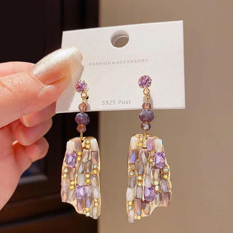 Orecchini Pendenti In Cristallo Viola Con Perno In Argento Sterling 925 Lega Strass Design Geometrico Di Lusso Per Donna