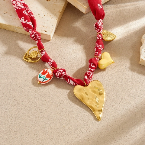 Bohemian Jewelry Necklace And Bracelet Red Paisley Fabric Stainless Steel Heart Tulip Pendants Vintage Style For Women