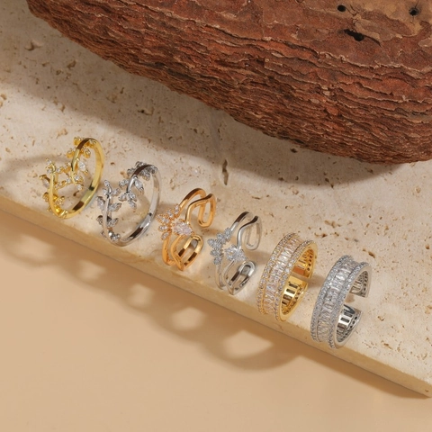 Adjustable Copper Ring Zircon Inlaid Branch Leaf Crown Shape Simple Light Luxury Fashion Jewelry For Women