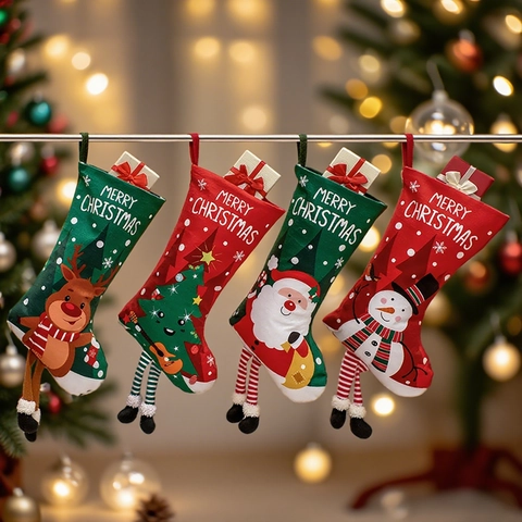 Calze Di Natale Sacchetti Regalo Tessuto Decorazione Appesa Gambe Lunghe A Strisce Cartone Animato Babbo Natale Pupazzo