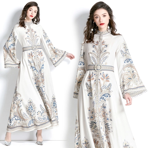 Vintage Paisley Print Maxi Dress Long Flare Sleeve Stand Collar Chiffon Retro Ethnic Style With Belt For Women