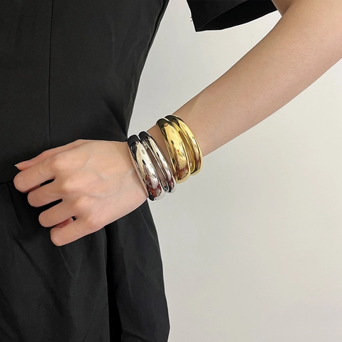 Minimalistische Onregelmatige Dubbellaagse Legering Bangle Armband Vrouwen Geometrische Metaalglans Open Manchet Sieraden