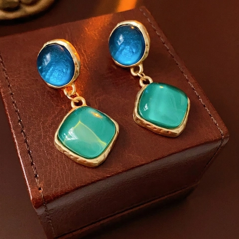 Pendientes Colgantes Vintage Cobre Resina Con Poste Plata Bloque Color Geométrico Redondo Cuadrado Joyería Para Mujeres