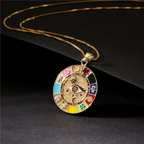 Evil Eye Runde Anhänger Halskette Kupfer Emaille Zirkon Glück Hamsa Hand Hufeisen Vierblättriges Kleeblatt Damen Schmuck