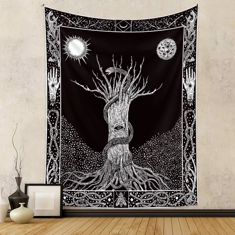 Mystical Tapestry Polyester Wall Hanging Tree Of Life Snake Sun Moon Occult Aesthetic Room Decor Gothic Art