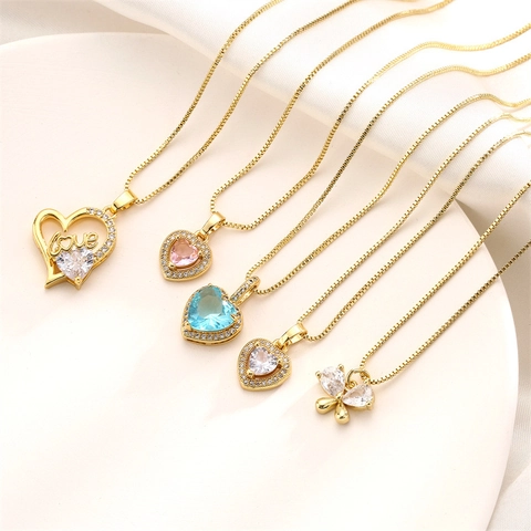 Heart Pendant Necklace Copper Micro Paved Zircon Gold Plated INS Style Fashion Box Chain Neck Jewelry For Women