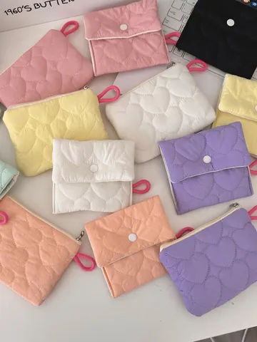 Quilted Heart Pattern Storage Bag Mini Portable Sanitary Napkin Pouch Makeup Organizer Coin Purse Polyester For Women