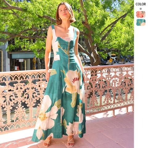French Vintage Square Neck Sleeveless Floral Print Maxi Dress Polyester High Waist A-Line Summer Vacation Retro Long Dress