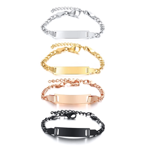 ID Bar Bracelet Stainless Steel Figaro Chain Adjustable Blank Bar Minimalist Jewelry Unisex Kids Adults Plain